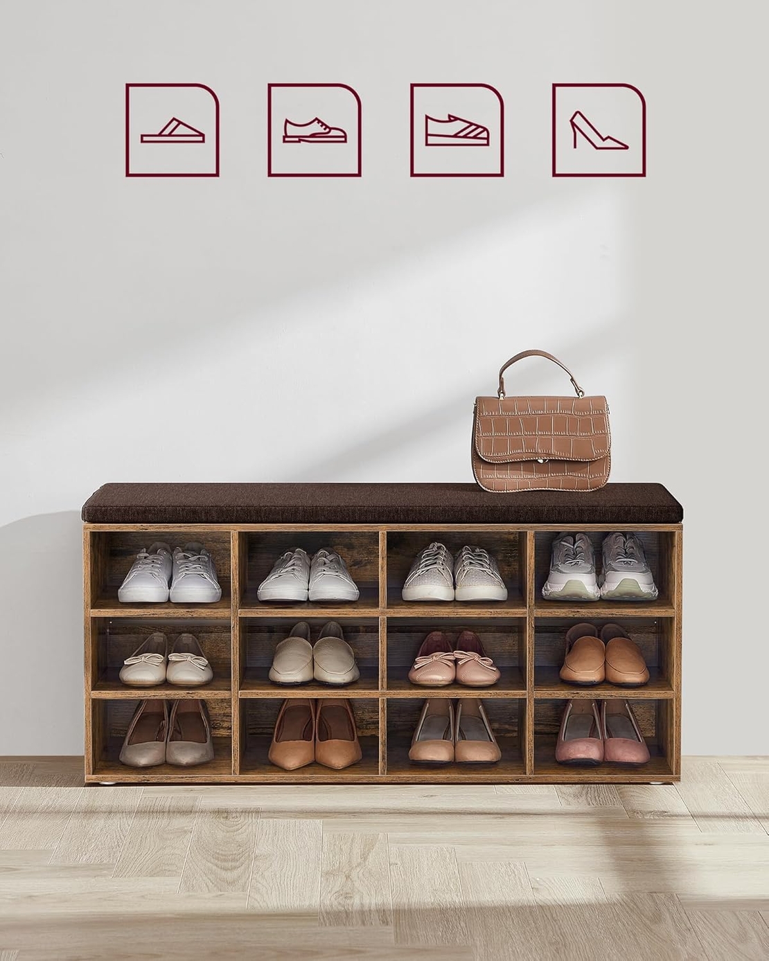 VASAGLE Pantofar cu banca cu 12 compartimente si perna, sarcina 136 kg, 104x30x48 cm, maro rustic