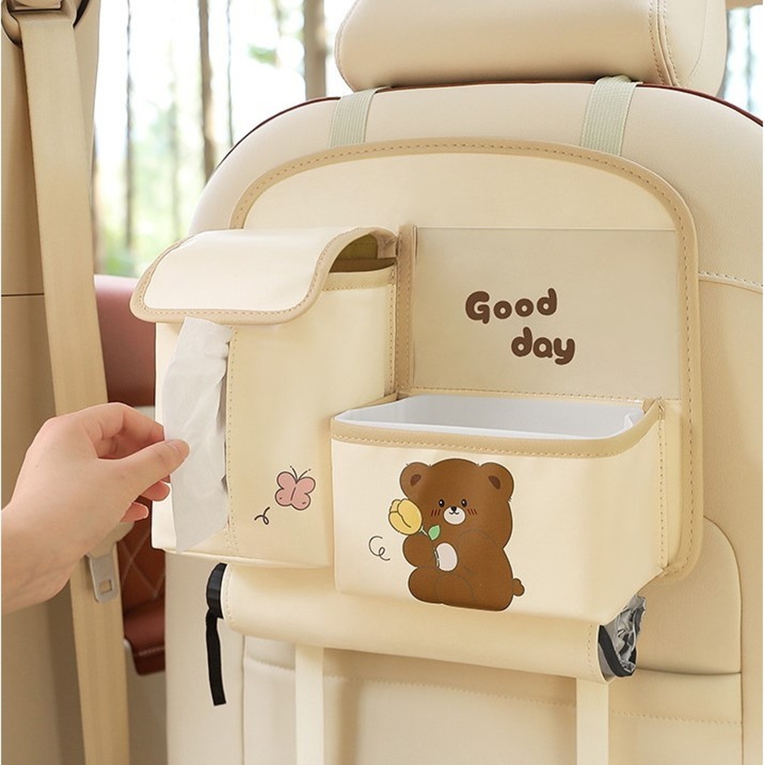 Geanta Multifunctionala de Depozitare, Flippy, pentru Bancheta din Spate a Masinii, Animat, Model Ursuleti, Scris Good Day, Suport Servetele si Telefon, 25x31 cm, Bej