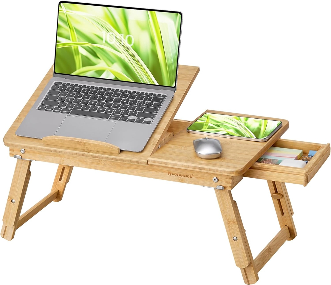 SONGMICS Masuta laptop sau mic dejun, din bambus, reglabila pe inaltime si unghi, cu sertar lateral, 68x35x22-32 cm, natural
