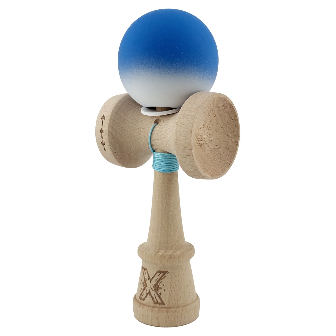 Kendama X Originala, Profesionala, Flippy, Rubber Grip, Cupe Mari KING SIZE V3, Gaura in Baza, Rulment Metalic, din lemn 18 cm, Ata 62/65 cm, Gradient Albastru/Alb