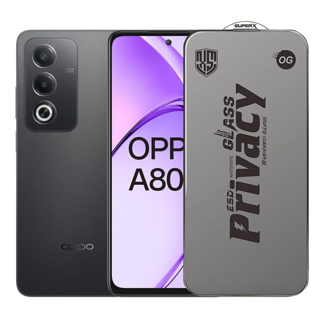 Folie de Protectie pentru Oppo A80, Vafy, Sticla Securizata ESD Antistatica, Super-X Privacy OG, Margini Negre, 0.30 mm, Transparent Inchis