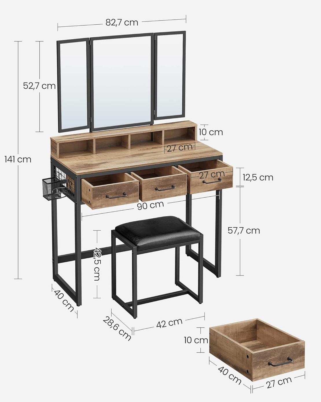 VASAGLE Masuta toaleta 90x40x141 cm, cu 3 sertare, oglinda tripla si taburet, lemn si otel, maro stejar si negru