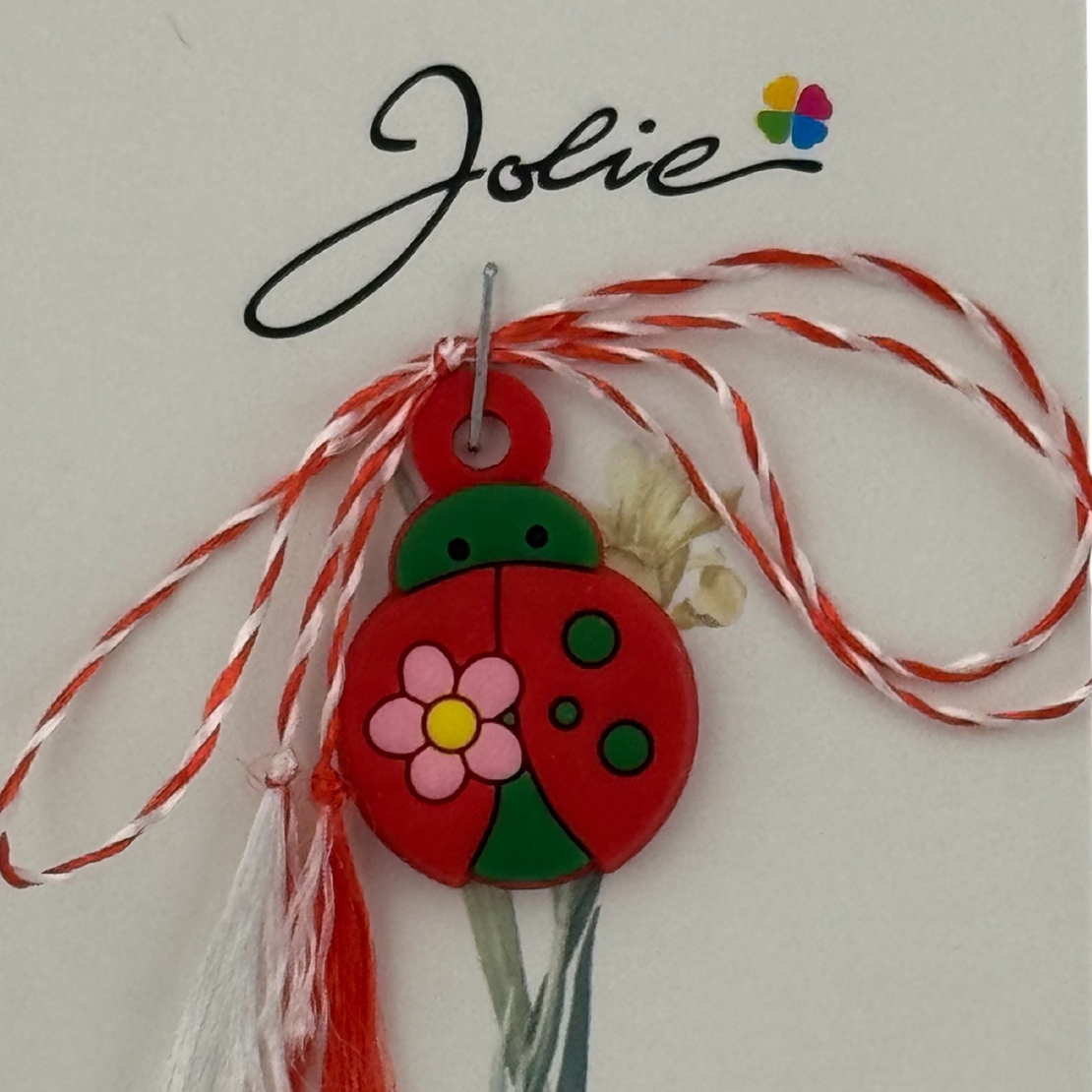 Martisor pentru Copii, Jolie, Material Cauciuc, Ambalaj Carton cu Design, Multicolor, Model Buburuza