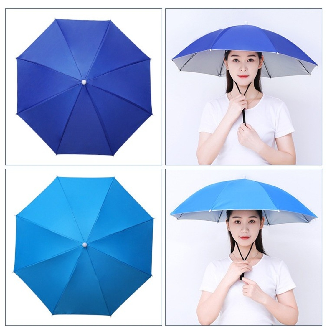 Umbrela de Cap, Flippy, Diametru 69 cm, Snur Reglabil de Cap, Protectie UV/Ploaie, Albastru