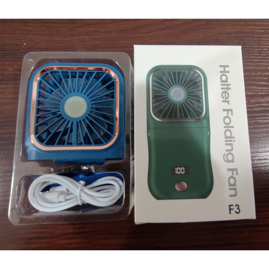 Ventilator Portabil Vafy, 3 in 1, de Mana, de Gat, de Birou, 16.7 x 8 x 1.9 cm, 3 Trepte de Viteza, Incarcare USB, Pliabil, Afisaj Digital, Suport Telefon, Albastru