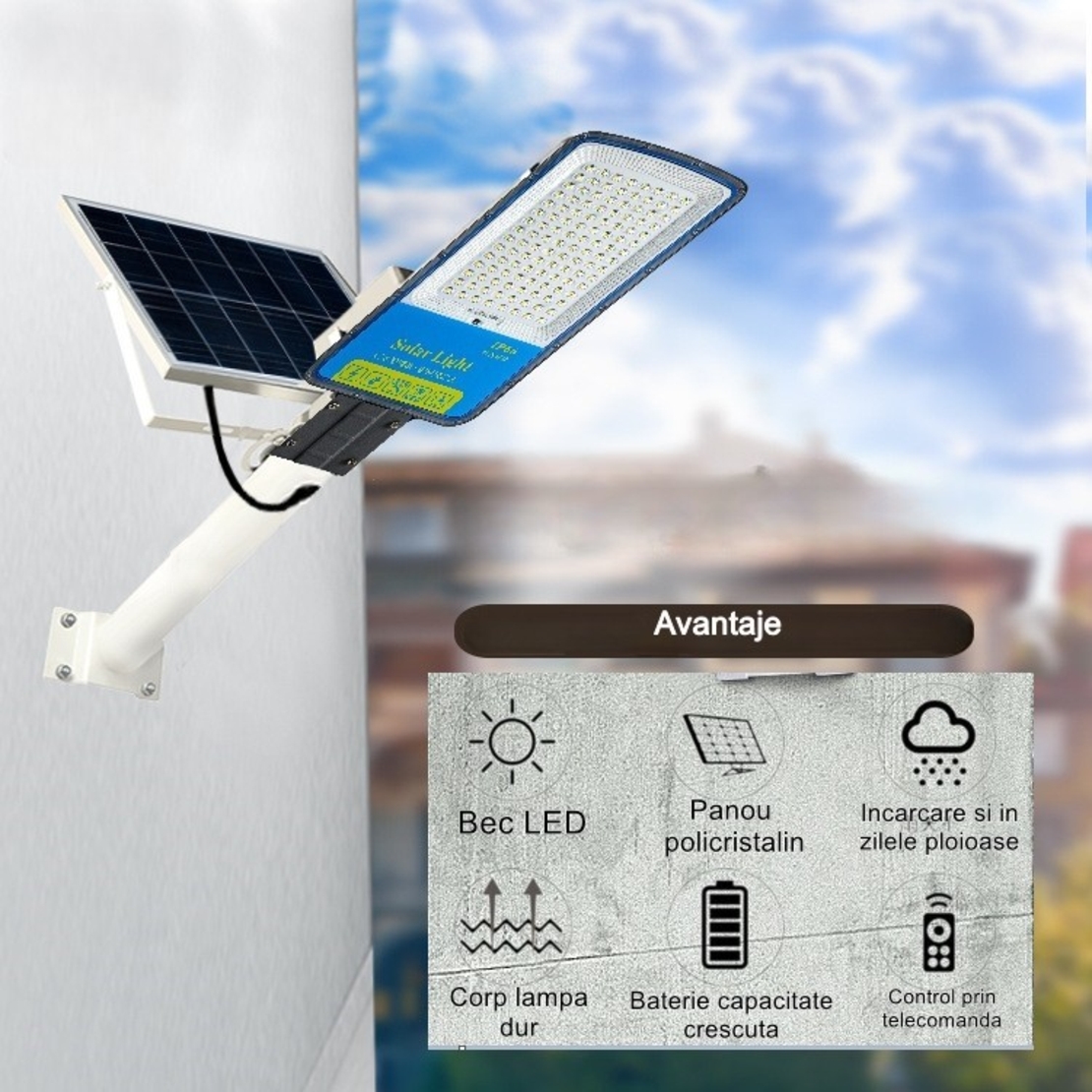 Lampa solara stradala Flippy, IP66, senzor de lumina, 120 LED-uri SMD, 1800 lm, panou 20W, putere 100W, autonomie 12-16 ore, telecomanda, montare prin fixare, pentru strada sau gradina, finisaj mat, material ABS, 49 x 21 x 5.5 cm, gri