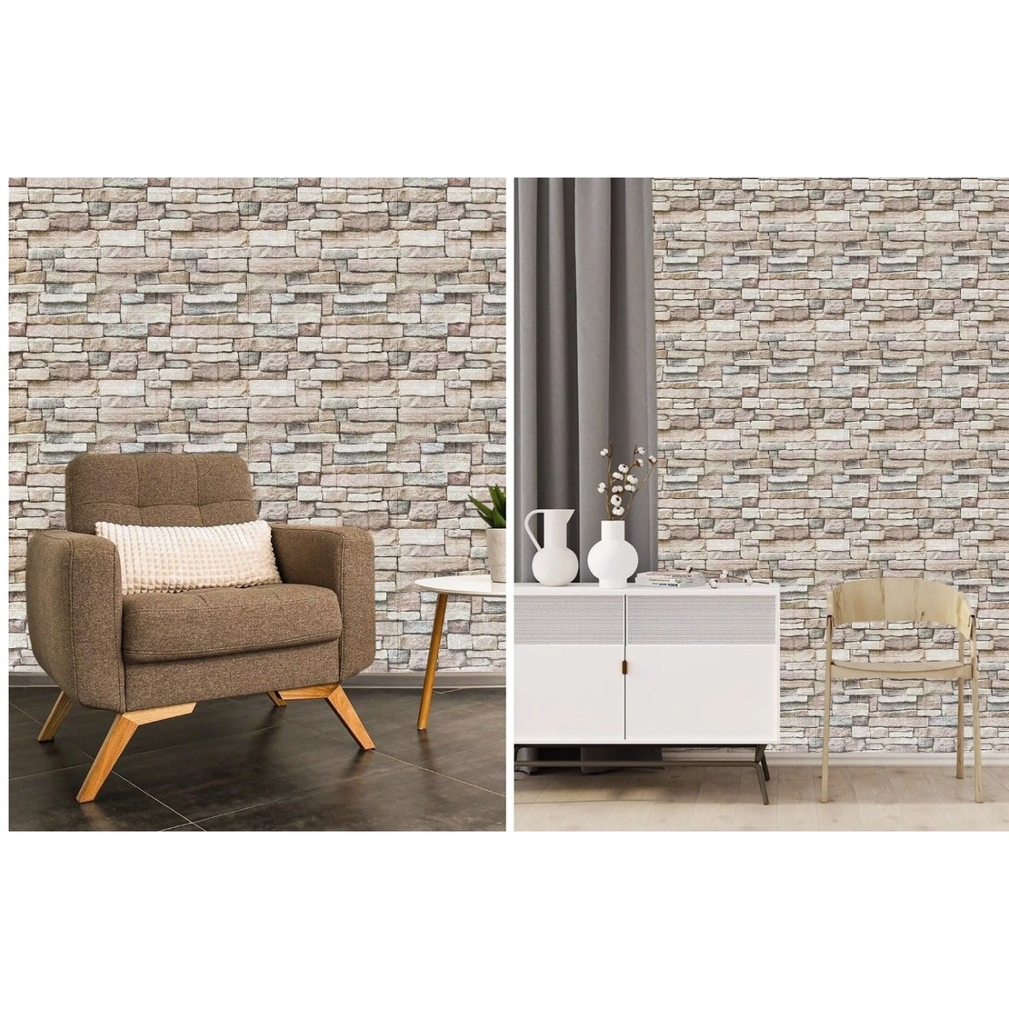 Set 10 Placi de Tapet, Flippy, Autoadezive, 70 x 77 cm, 2.5 mm Grosime, Suprafata Acoperita 5.3 mp, din PVC, Model Piatra, Crem