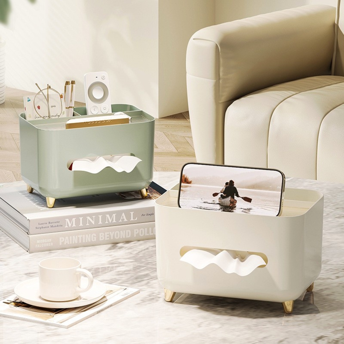 Suport pentru Servetele, Flippy, Cutie Multifunctionala, Design Minimalist, ABS, cu Suport pentru Obiectele Personale, pentru Birou, 21x15x13 cm, Crem