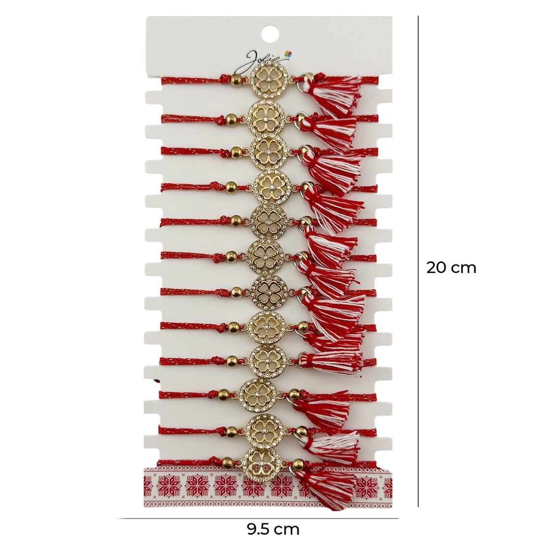 Martisor Bratara cu Ciucure pentru Dama, Jolie, Model Cerc Trifoi cu Patru Foi, Set 12 bucati, Pandativ din Inox cu Pietre, Snur Reglabil, Rosu/Alb