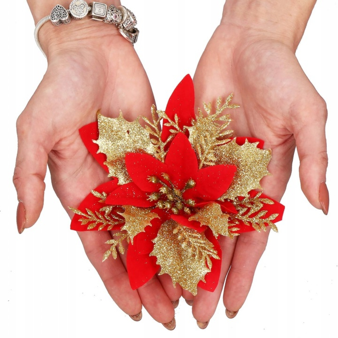 Set 10 ornamente pentru bradul de Craciun, stea Poinsettia, 14cm, rosu auriu