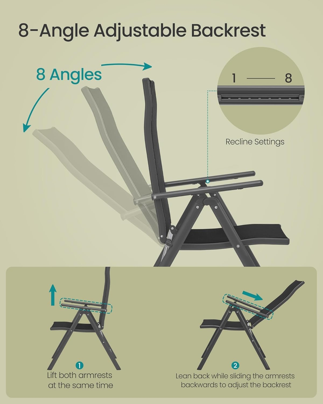 SONGMICS Set 2 scaune gradina pliabile cu spatar reglabil 8 pozitii, 150 kg, 56x70x106 cm, negru