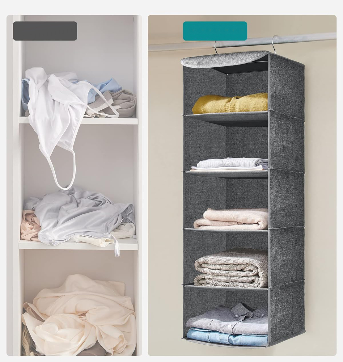 SONGMICS Raft suspendat organizator pentru dulapuri, pliabil, textil, 30x30x90cm, gri