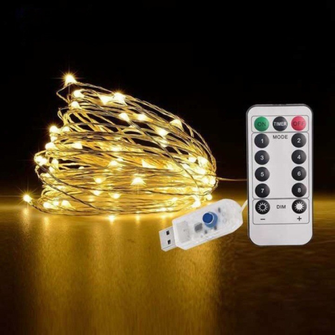 Instalatie Craciun, 5 metri, 50 LED-uri, USB, Telecomanda cu 8 functii, alb cald, Vafy