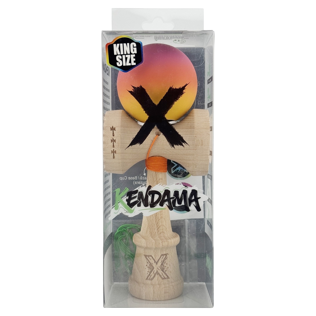 Kendama X Originala, Profesionala, Flippy, Rubber Grip, Cupe Mari KING SIZE V3, Gaura in Baza, Rulment Metalic, din lemn 18 cm, Ata 62/65 cm, Roz/Portocaliu/Galben