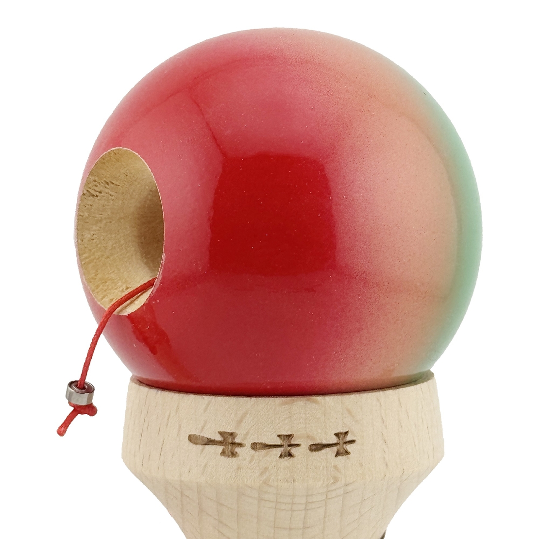Kendama X Originala, Profesionala, Flippy, Super Sticky cu Cupe Mari KING SIZE V3, Gaura in Baza, Rulment Metalic, din lemn 18 cm, Ata 62/65 cm, Gradient Verde/Portocaliu/Rosu