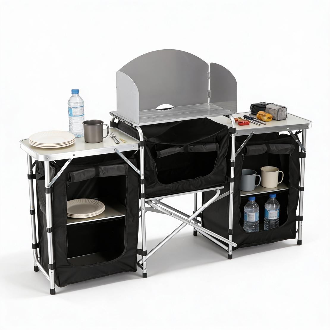 Bucatarie de camping pliabila cu 3 blaturi, cadru aluminiu, portabila pentru exterior, 175x40x111 cm