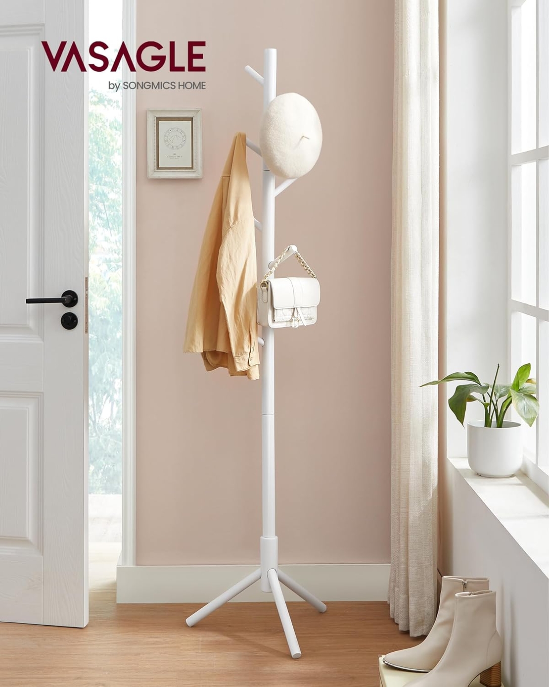 VASAGLE Cuier pentru haine, din lemn masiv, tip pom, cu 8 carlige, 175cm, alb