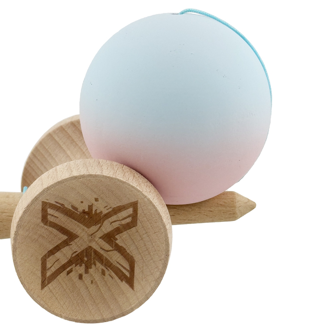 Kendama X Originala, Profesionala, Flippy, Cupe Mari KING SIZE V3, Rubber Grip, Gaura in Baza, Rulment Metalic, din lemn 18 cm, Ata 62/65 cm, Gradient Albastru deschis/Roz