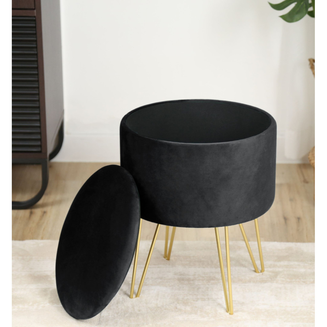 Taburet tapitat rotund Lili cu spatiu de depozitare, velur, 35x35x45 cm, negru
