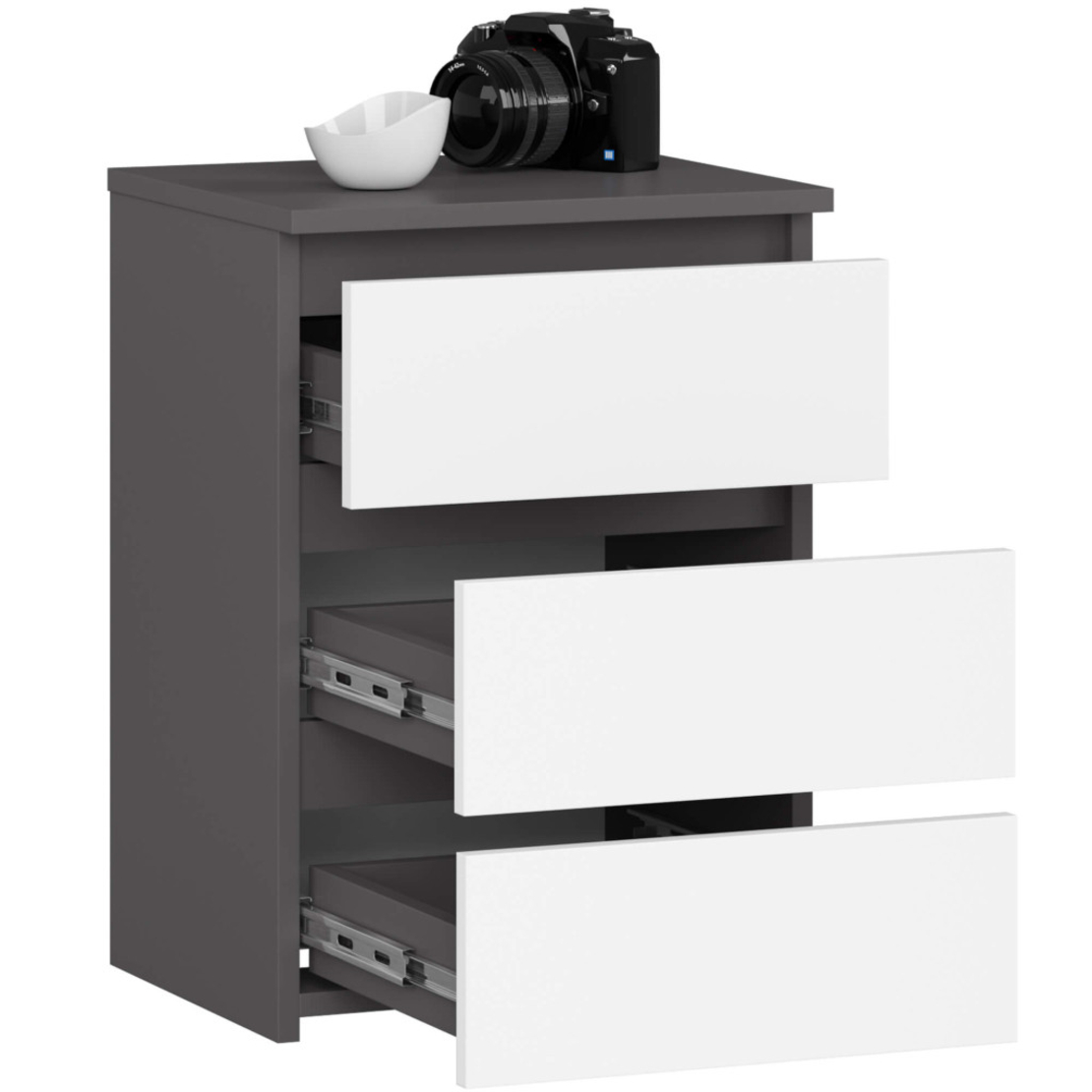 Noptiera cu 3 sertare, PAL laminat 16 mm, 40x35x57 cm, gri grafit si alb