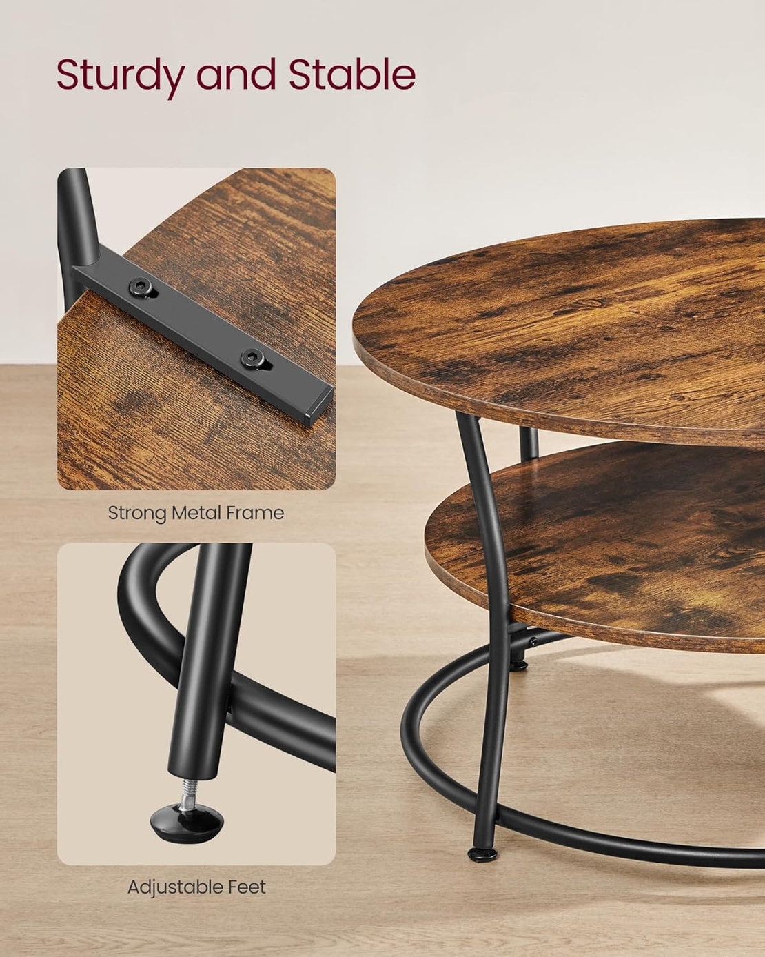 VASAGLE Masuta de cafea rotunda cu raft, cadru metalic, stil industrial, 80x45 cm, maro rustic