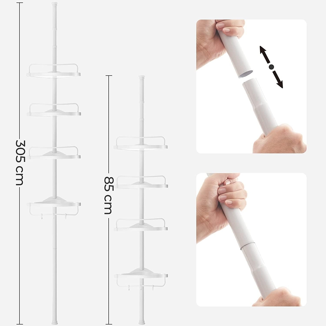 SONGMICS Etajera colt dus, 4 rafturi, inaltime reglabila 85-305 cm, otel si plastic PP, alb