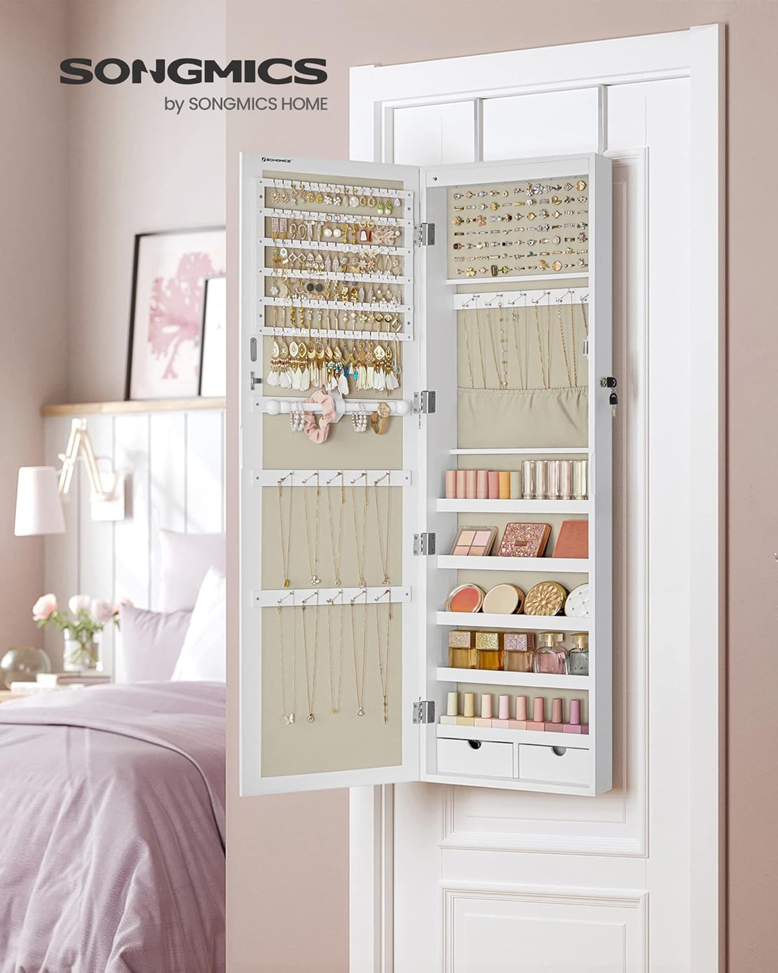 SONGMICS Dulap pentru bijuterii cu oglinda, montare pe perete sau usa, material MDF, inchidere cu cheie, 120x37x10 cm, alb