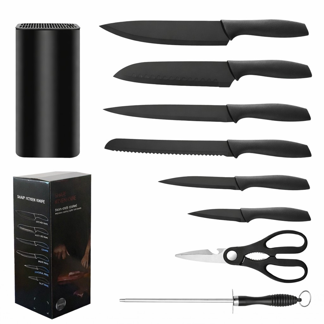Cutite Bucatarie, Set 9 Piese, Vafy, Otel Inoxidabil cu Acoperire Antiaderenta, Suport Depozitare Inclus, 6 Cutite, Tija Ascutire si Foarfeca Bucatarie, 31 x 10 x 10 cm, Negru