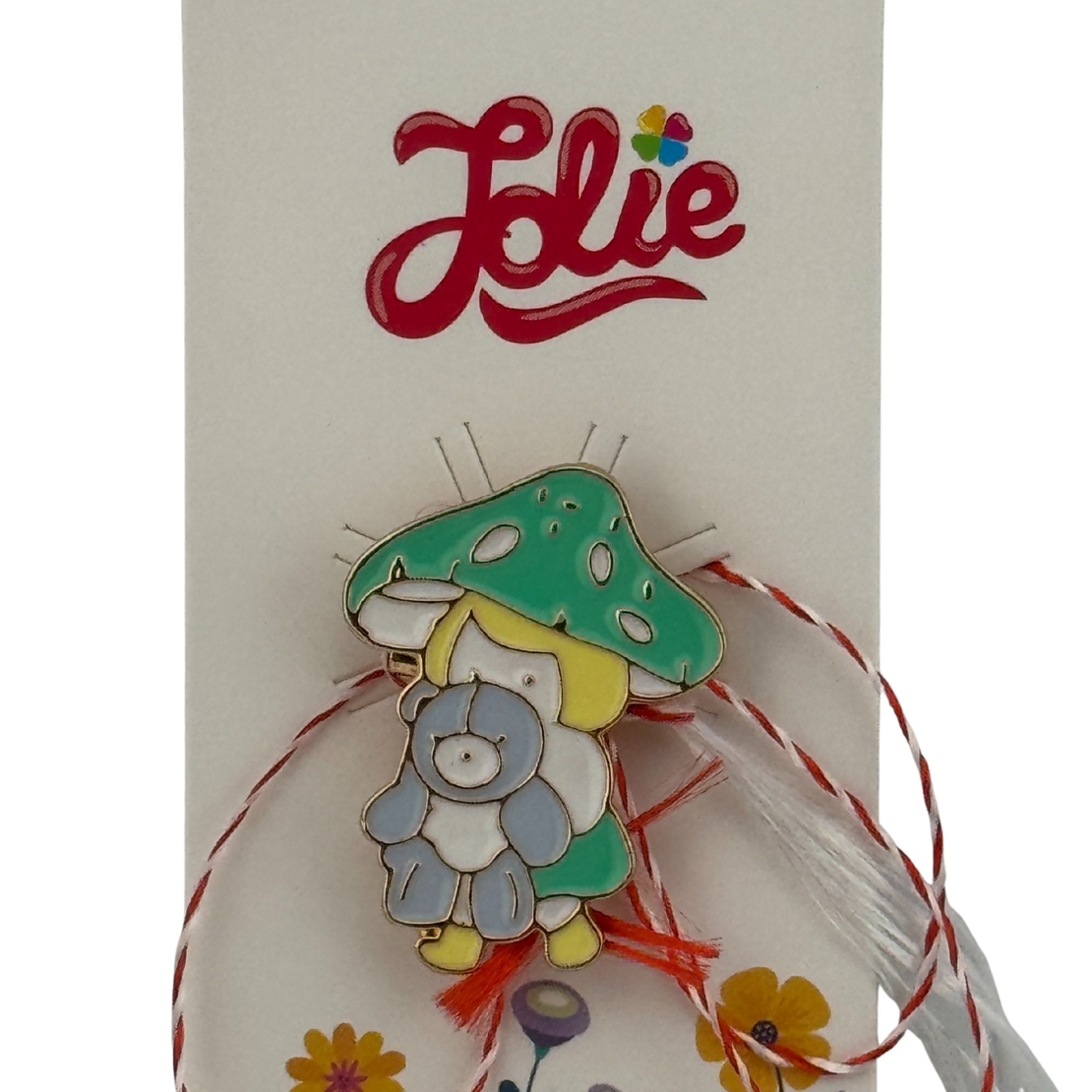 Martisor pentru copii, Jolie, Material Metal, Ambalaj Carton cu Design, Dimensiune Brosa Aproximativ 2x2 cm, Multicolor, Model Ciuperca si Ursulet