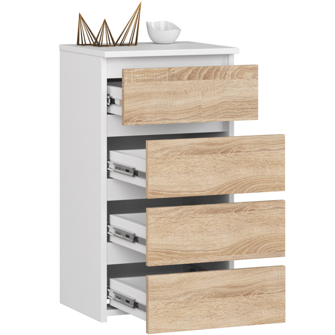 Comoda cu 4 sertare, PAL laminat 16mm, 40x35x74 cm, alb si stejar sonoma