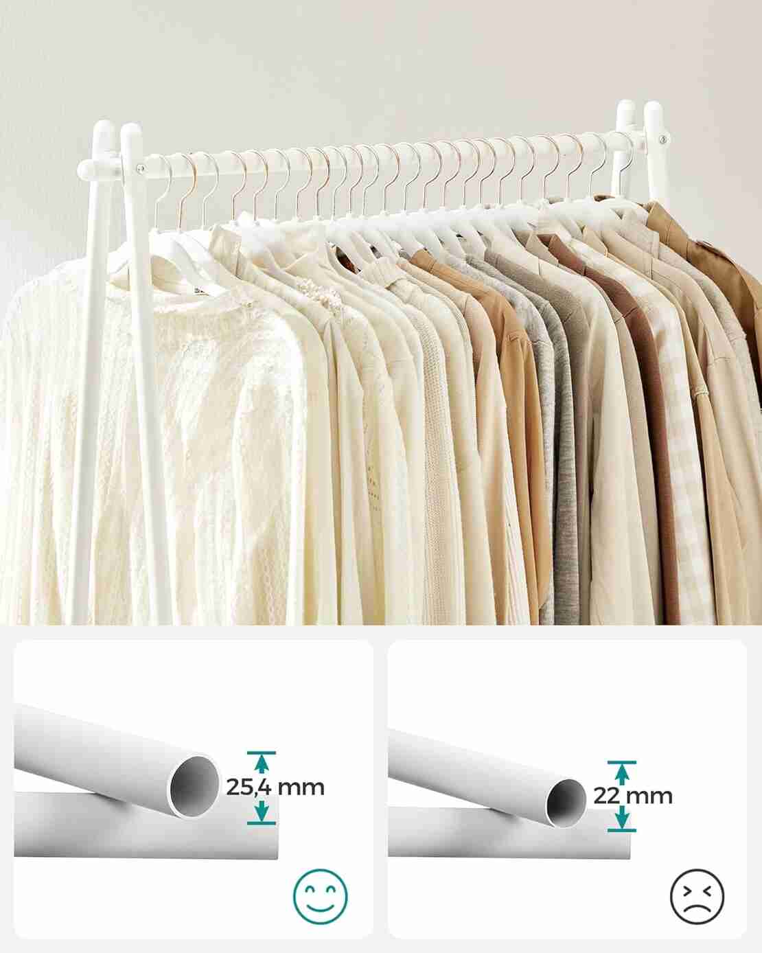 SONGMICS Suport haine cu bara si raft inferior, cadru metalic, 93x34x153 cm, alb