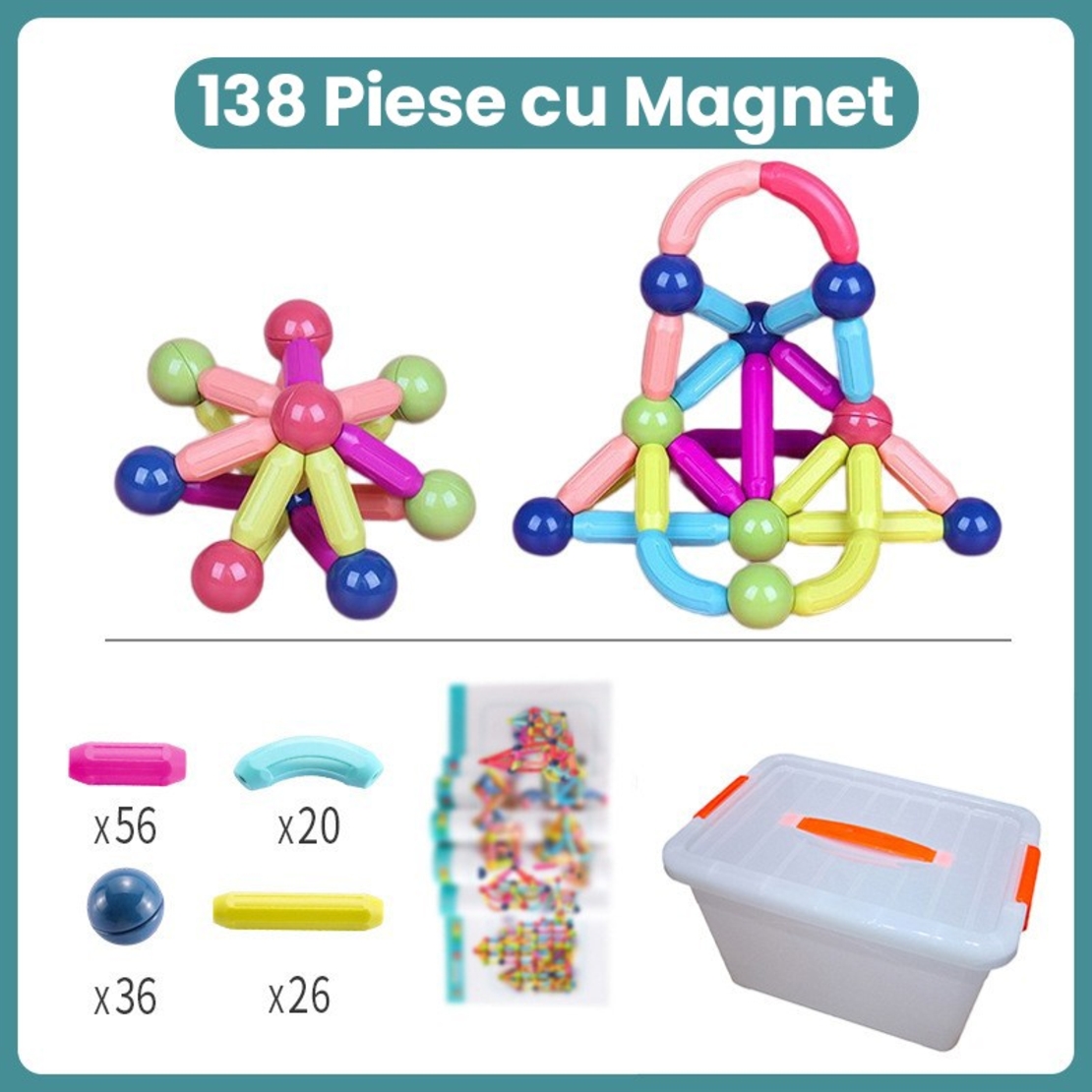 Piese Magnetice pentru Copii, Flippy, Set din 138 de Piese de diferite Culori, Constructor Magnetic cu Posibilitatea de a Construii forme Nelimitate, Multicolor