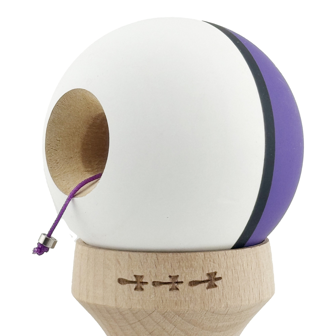 Kendama X Originala, Profesionala, Flippy, Cupe Mari KING SIZE V3, Rubber Grip, Gaura in Baza, Rulment Metalic, din lemn 18 cm, Ata 62/65 cm, S Bicolor Mov/Alb