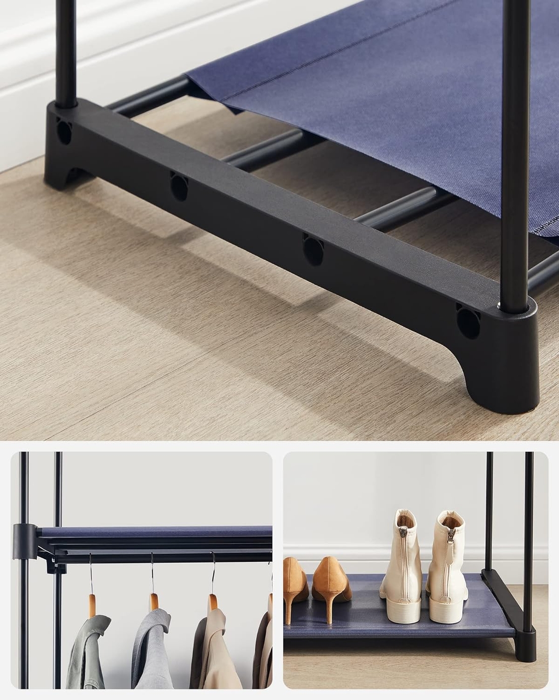 SONGMICS Garderoba pentru depozitarea hainelor, din material textil, cu 2 bare pentru umerase, 43x140x174cm, albastru