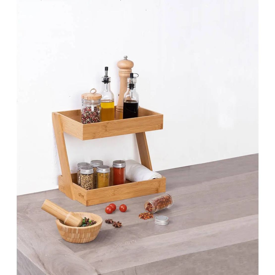 Etajera colt 5Five pentru bucatarie, 2 niveluri, bambus, 26x22x31cm, maro natural