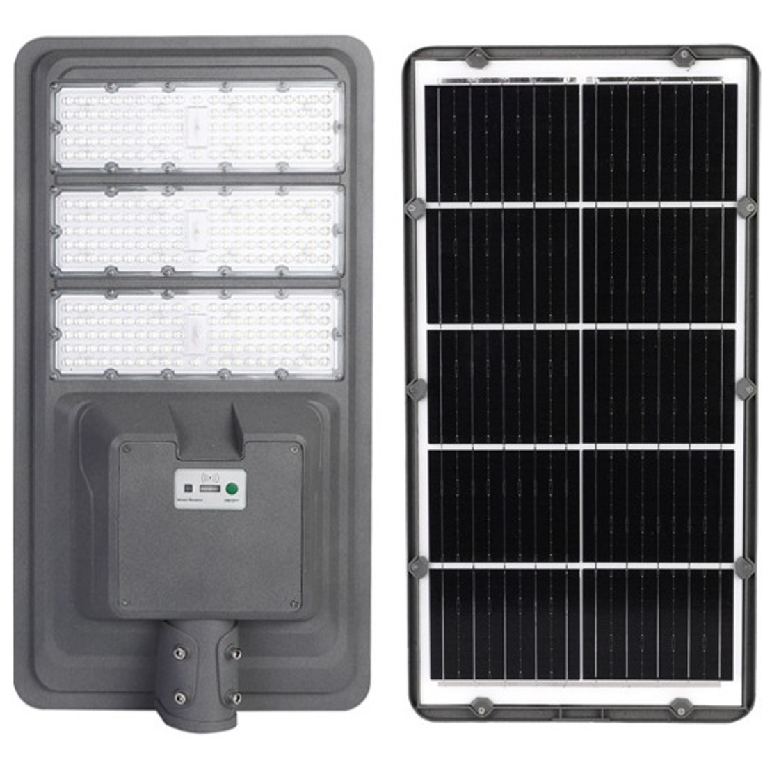 Lampa solara stradala Flippy, IP65, senzor de lumina, 510 LED-uri SMD, 5000 lm, panou 53W, putere 500W, autonomie 12-16 ore, telecomanda, montare prin fixare, pentru strada sau gradina, finisaj mat, material ABS, 91.6 x 36.5 x 8.7 cm, gri