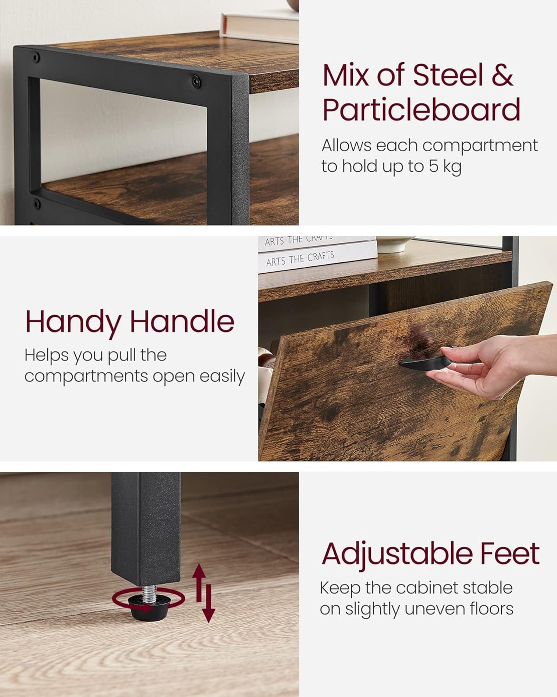 VASAGLE Dulap pentru pantofi cu 3 usi rabatabile, despartitoare interioare, pentru 15-18 perechi, 60x30x130cm, maro rusic si negru