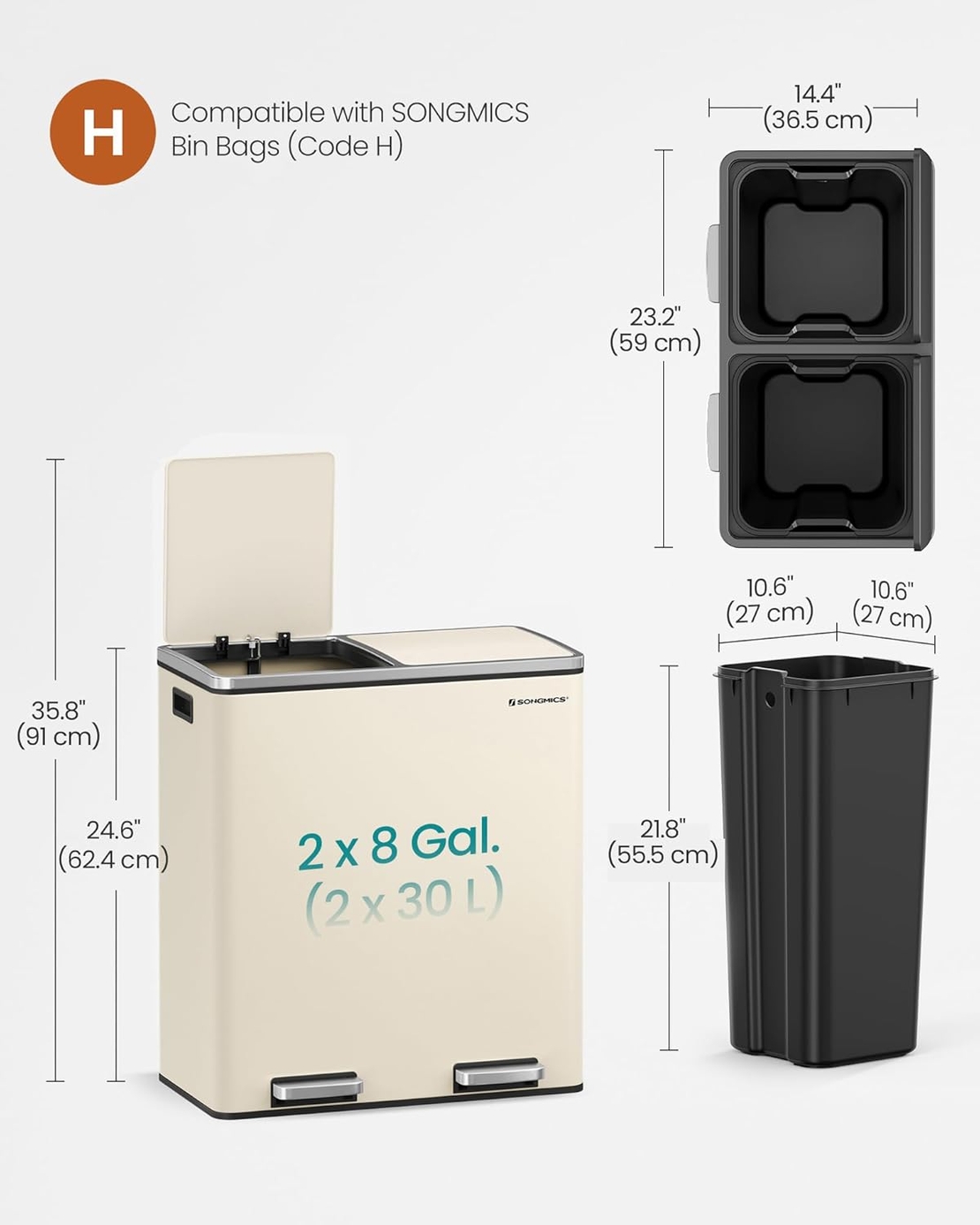 SONGMICS Cos de gunoi dublu colectare selectiva, 2x30L, cu pedale si capac soft close, galeata interioara, otel, 62x59x36 cm, crem