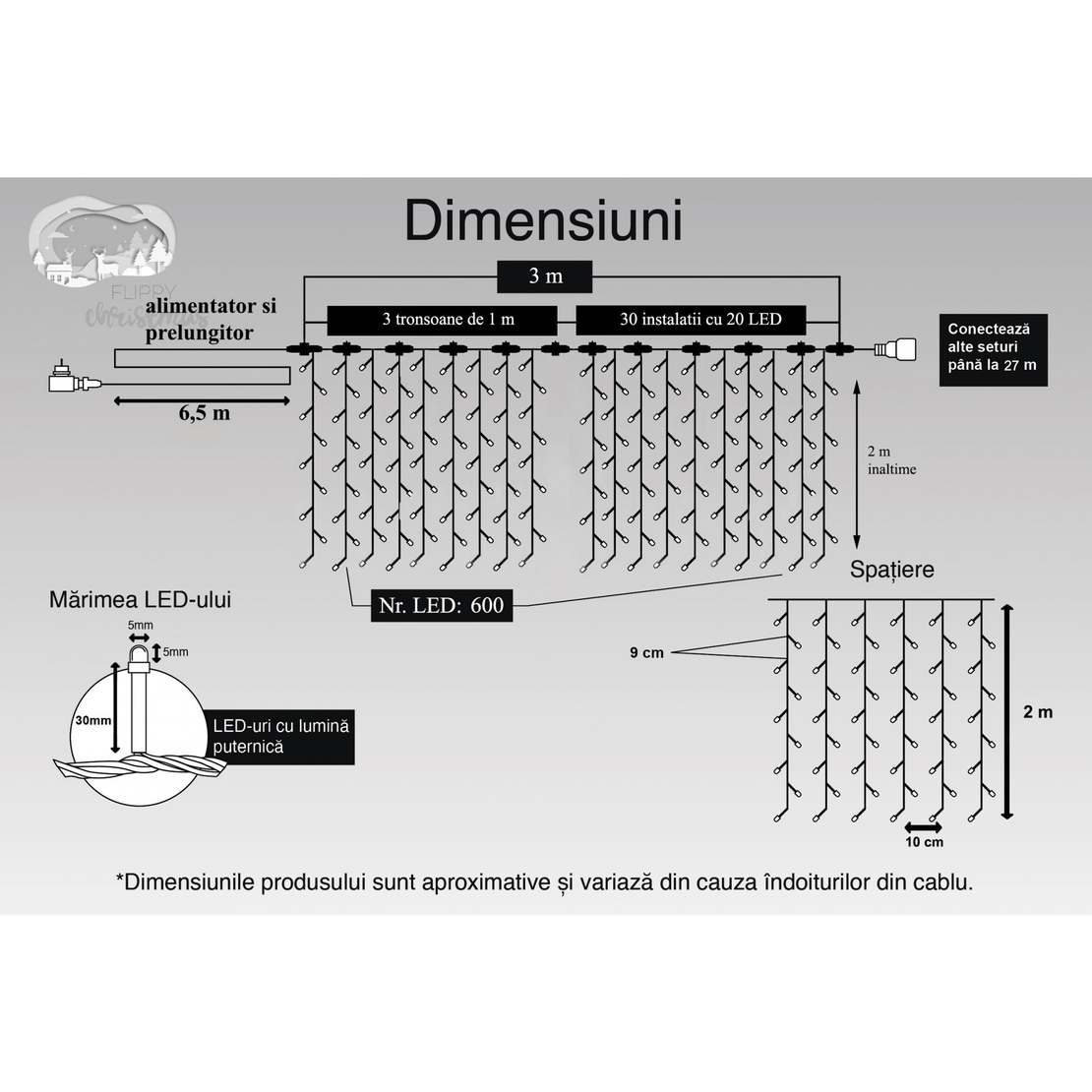 Instalatie Craciun Profesionala de Exterior IP65, Tip Perdea, 3m x 2m, 600 Led-uri Mari, Alb rece, cu flash, Alimentator si prelungitor 6,5 m, Interconectabila, Fir negru, Vafy