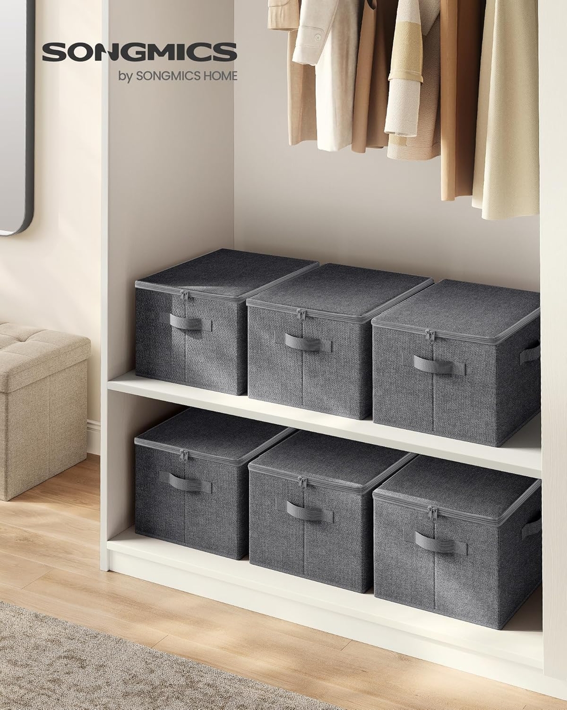 SONGMICS Set 3 cutii de depozitare pliabile, organizatoare pentru dulap, textil, 40x30x25 cm, gri