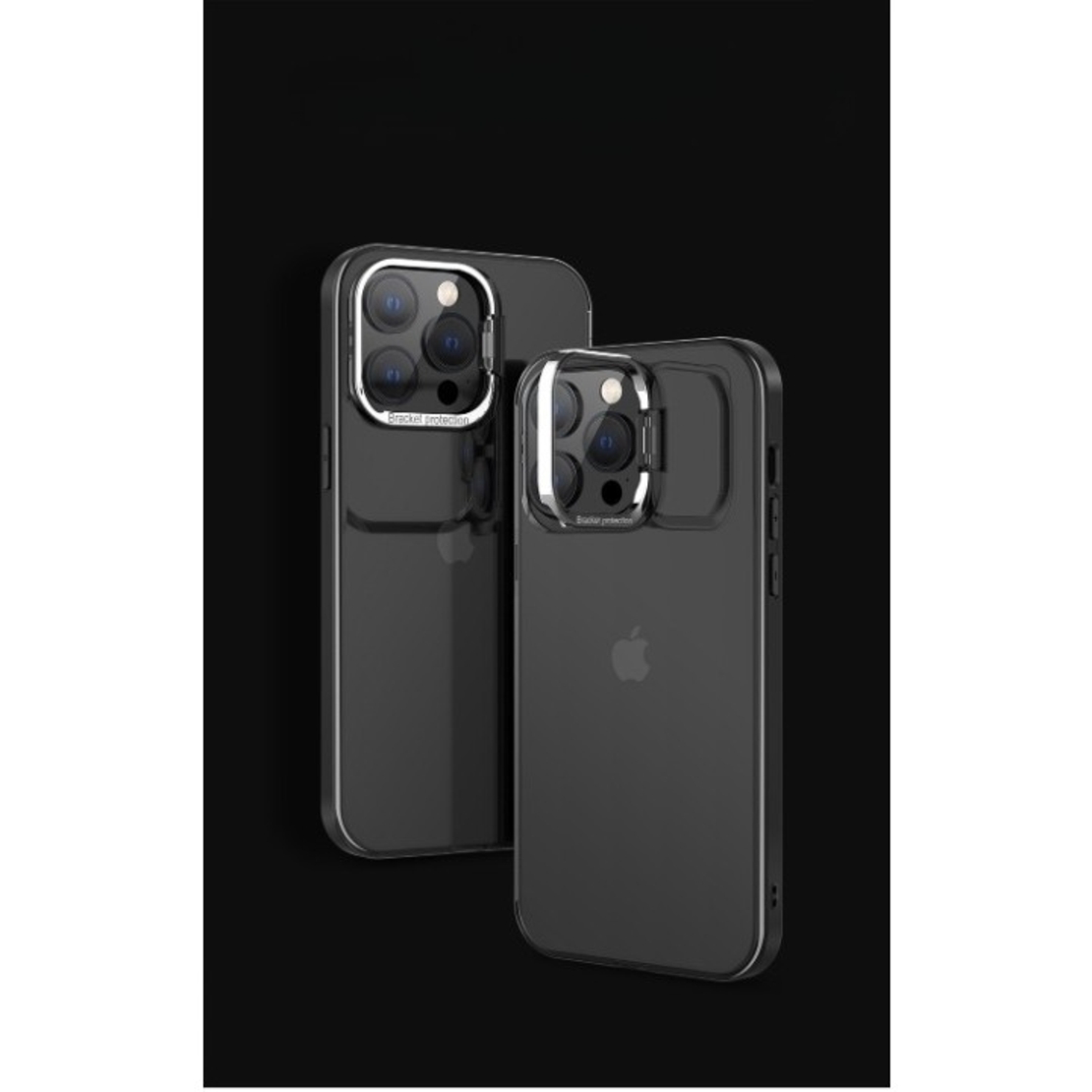 Husa de protectie pentru iPhone 14, cu suport metalic pentru camera, Bracket Series, Vafy, Protectie Antisoc, PC mat, silicon moale pe margini, Negru