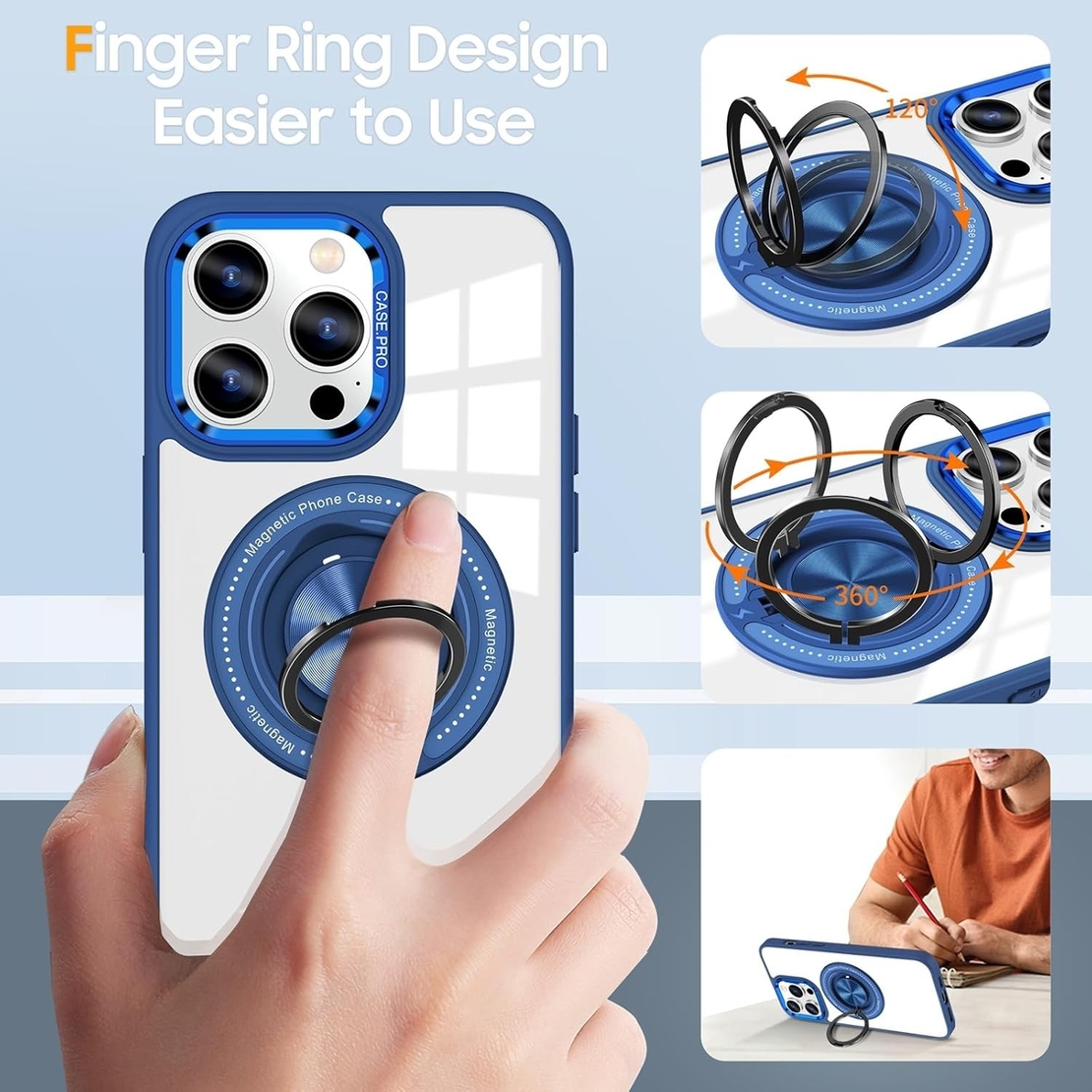 Husa de Protectie TPU, Vafy, pentru iPhone 16 Pro, cu Incarcare Wireless, Tehnologie Magsafe, Inel Magnetic Rotativ cu Functie de Suport, Transparent-Albastru Inchis