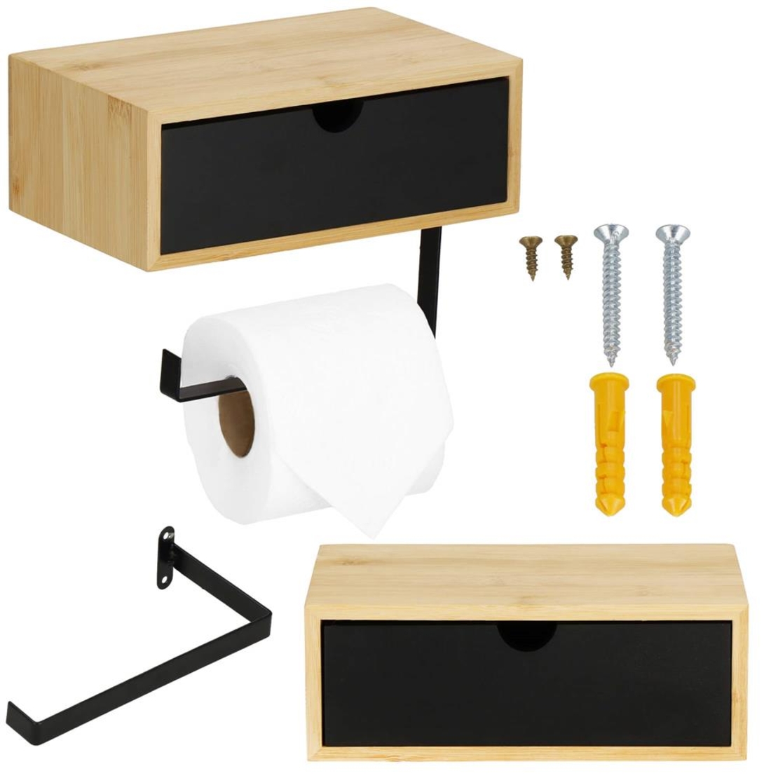 Suport hartie igienica din otel cu sertar depozitare, sistem montare inclus, 22cm, negru bej
