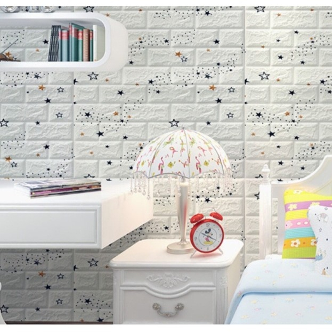Set 10 Placi de Tapet, Flippy, Autoadezive, 70 x 77 cm, Suprafata Acoperita 5.3 mp, din PVC, Model Stelute Albastre, Alb