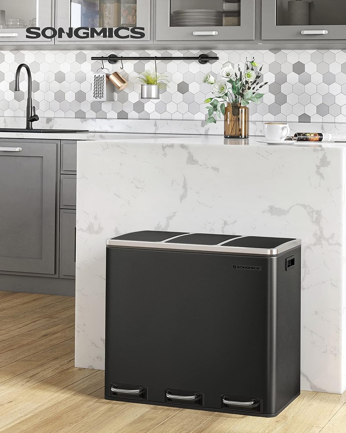 SONGMICS Cos de gunoi din inox cu 3 compartimente colectare selectiva, cu galeti interioare, 3x18litri, negru