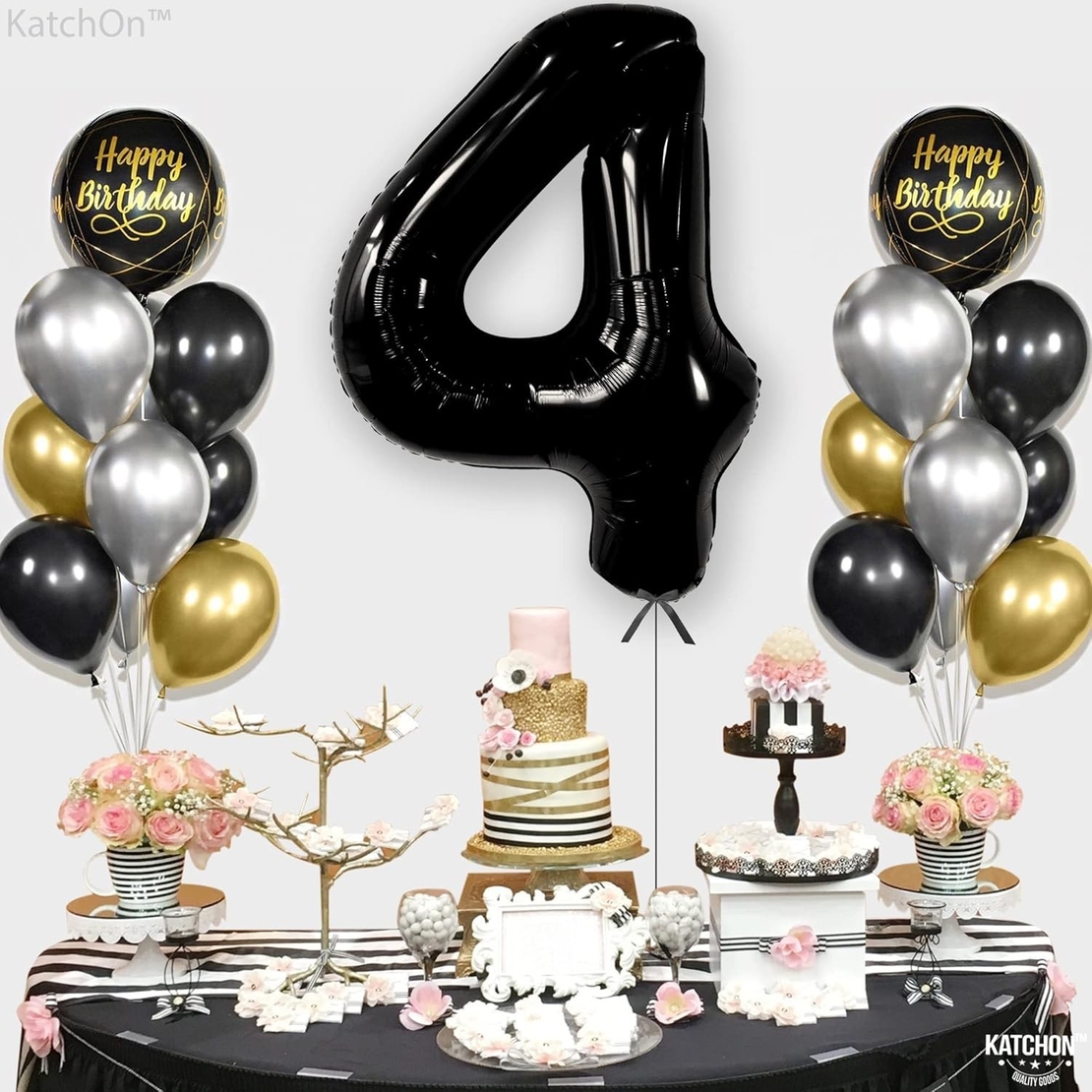 Balon din Folie Metalizata, Flippy, Figurina Cifra, Tema Aniversare 100 cm, Ambalaj Individual, Pai inclus, Umflare cu Aer sau Heliu, Negru, Cifra 4
