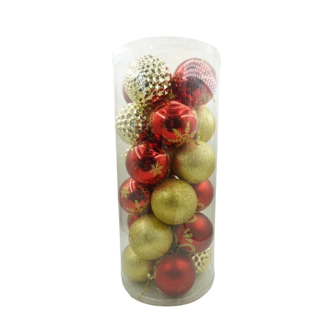 Set de 24 ornamente de brad, Flippy, de tip Glob, Rosu/ Auriu, cu ø de 8 cm, din plastic, cu finisaj sclipitor , cutie 19 cm lungime x 42 cm inaltime x 19 cm adancime
