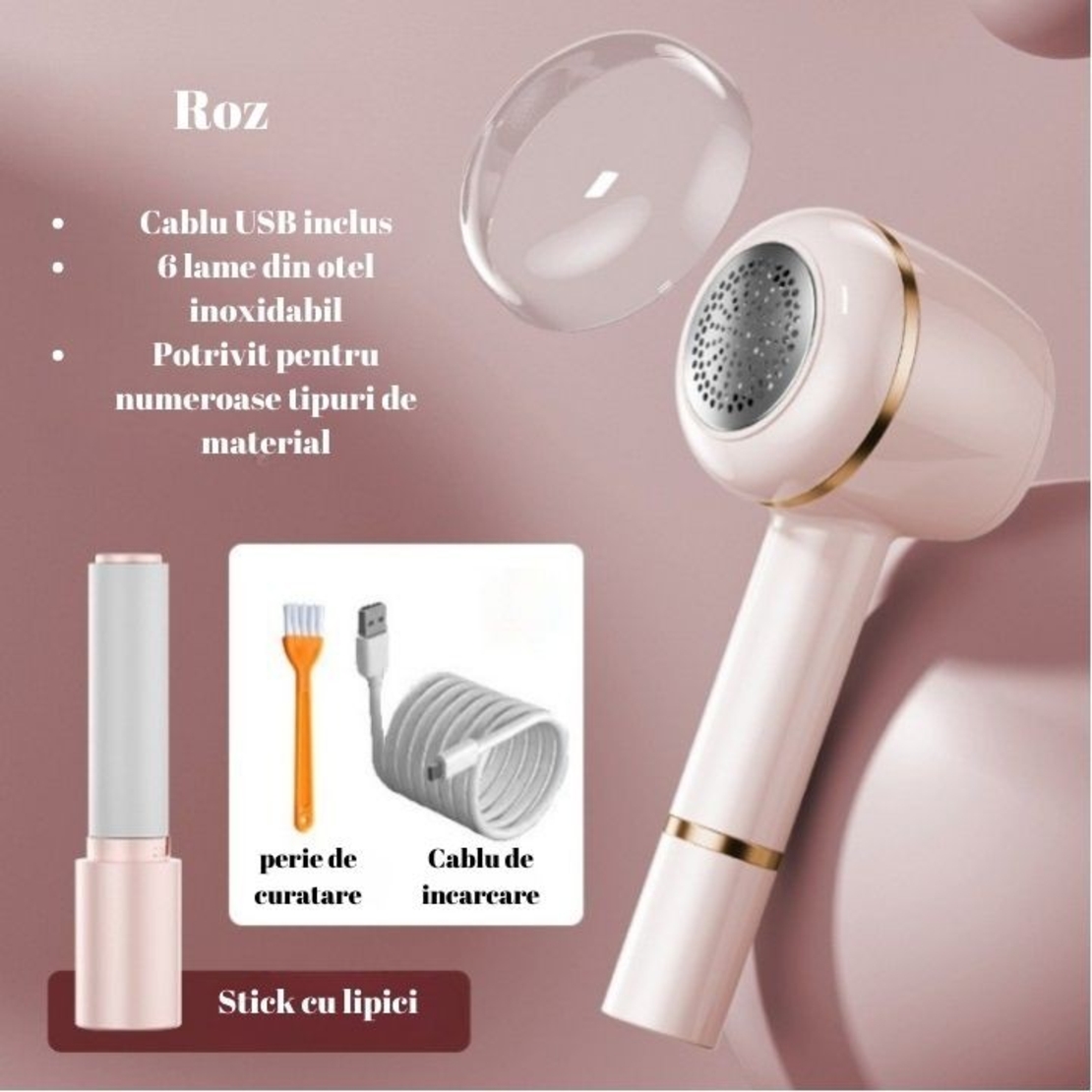 Aparat Pentru Curatat Scame, Par Si Praf, Vafy, Pentru Diferite Tipuri De Material, Cu Lame Din Otel Inoxidabil, Incarcare Prin USB Type-C, Cu Perie De Curatare, Cablu USB Si Stick Cu Lipici Incluse, Roz, 220 x 86 mm