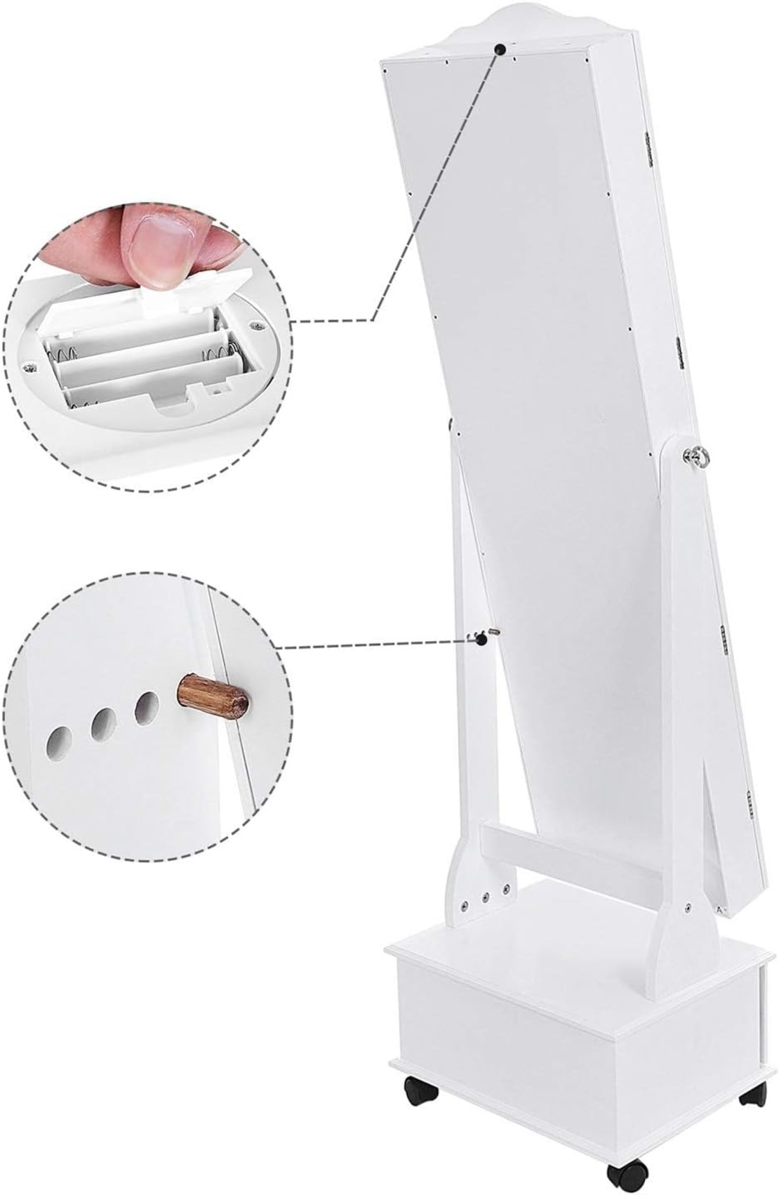 SONGMICS Oglinda de podea cu dulap depozitare bijuterii, iluminare LED si roti, cu cheie, 35x45x156 cm, alb