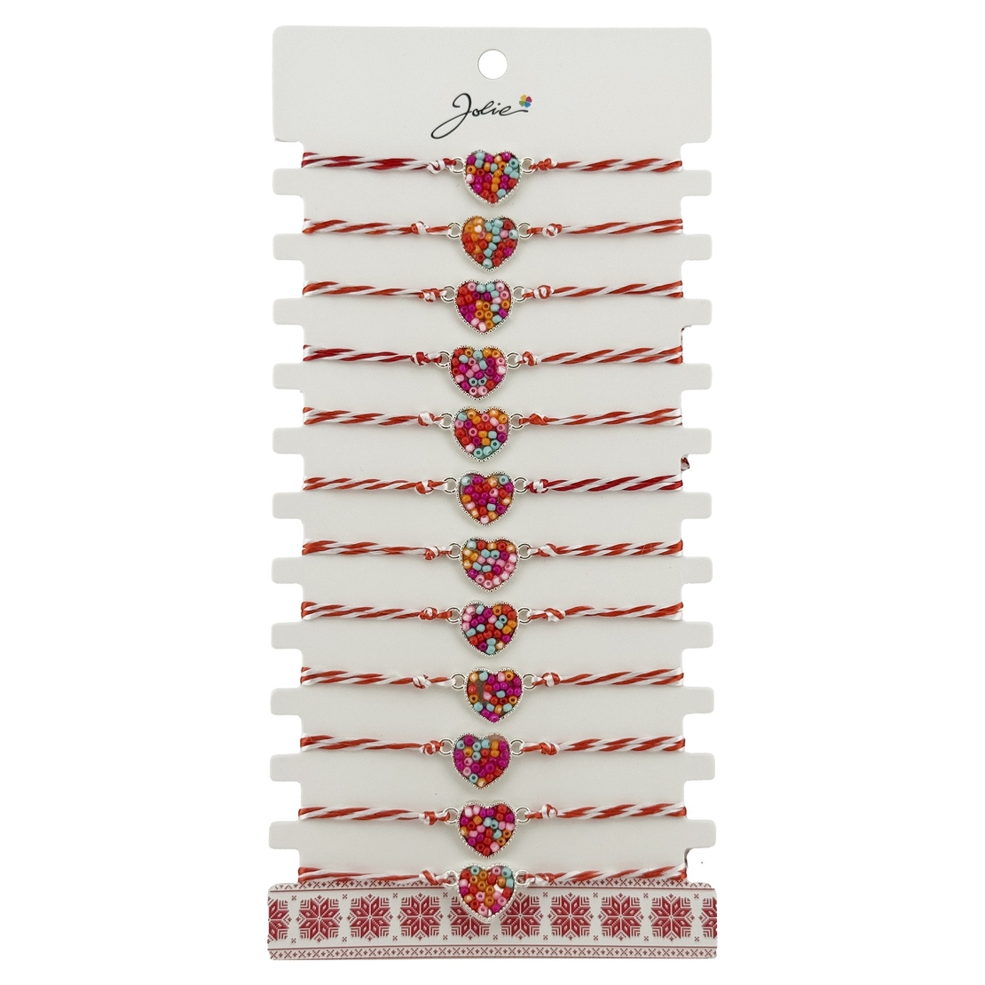 Bratara Martisor pentru Dama, Jolie, Model Inima Colorata, Set 12 bucati, Pandativ Argintiu din Inox cu Elemente Multicolore, Snur Alb/Rosu